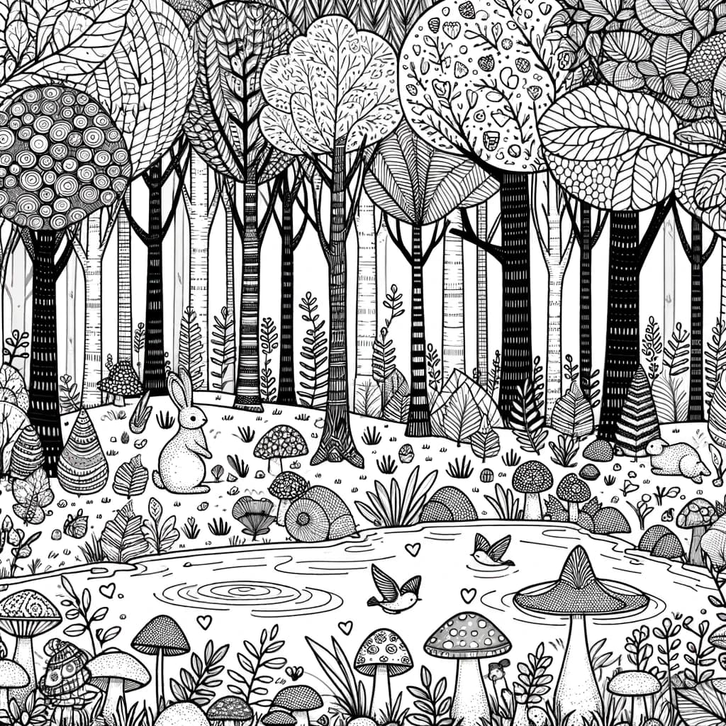 Ausmalbild - Zauberwald - Zauberwald, Bäume, Pilze, Teich