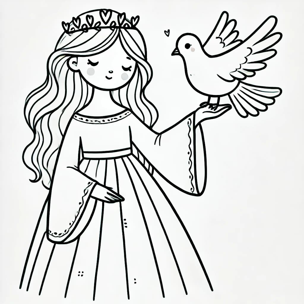 Ausmalbild - Prinzessin mit Taube - Prinzessin, Taube, Märchen, Krone