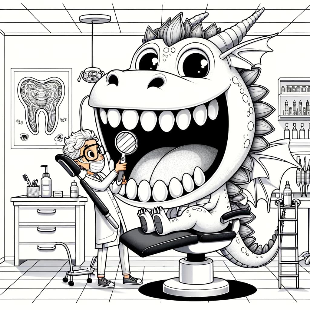 Ausmalbild - Der Drache beim Zahnarzt - Drache, Zahnarzt, Zähne, Zahnarztstuhl