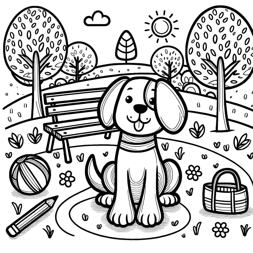 Ausmalbild - Der fröhliche Hund im Park - Hund, Park, Bäume, Bank