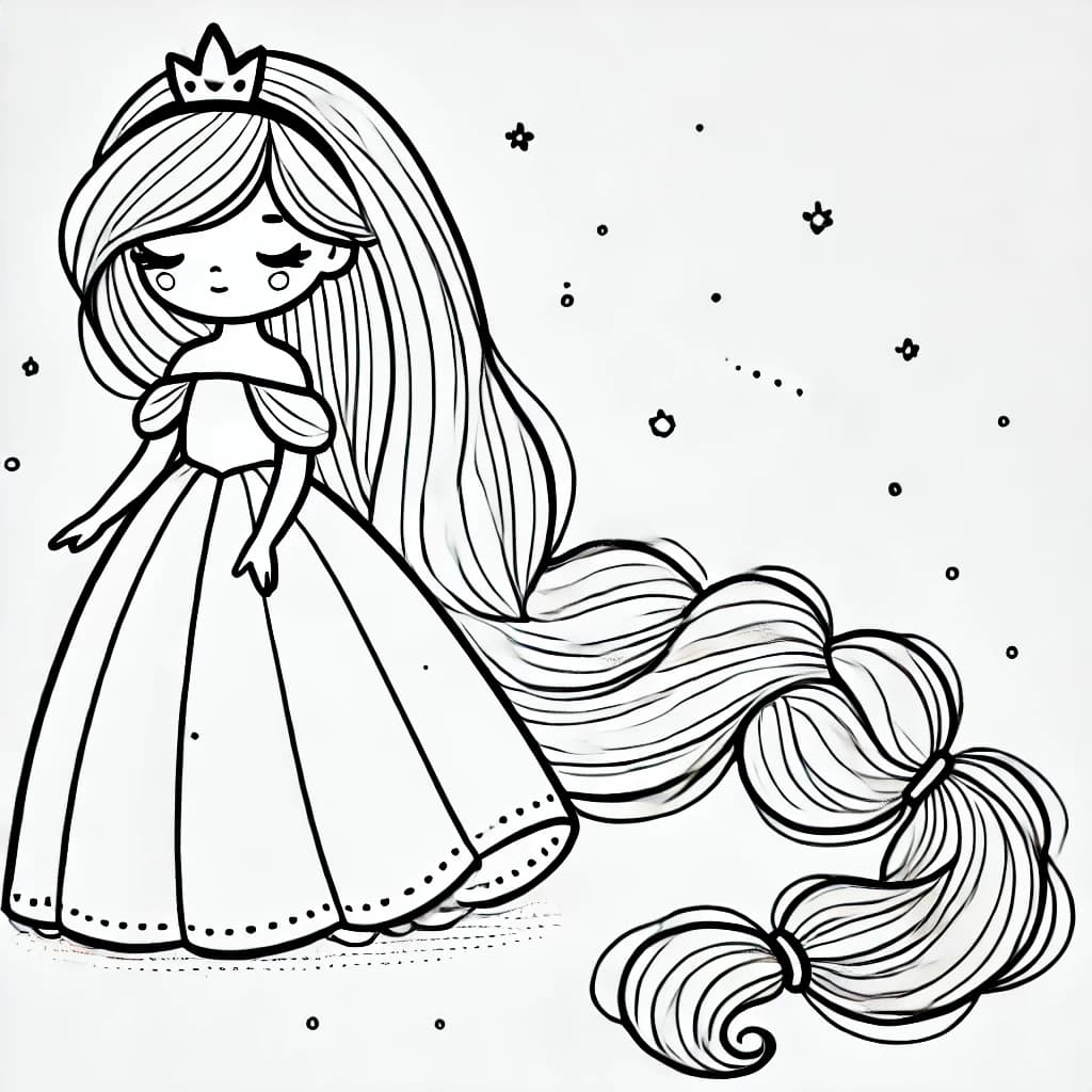 Ausmalbild - Prinzessin mit langem Zopf - Prinzessin, Zopf, Krone, Kleid