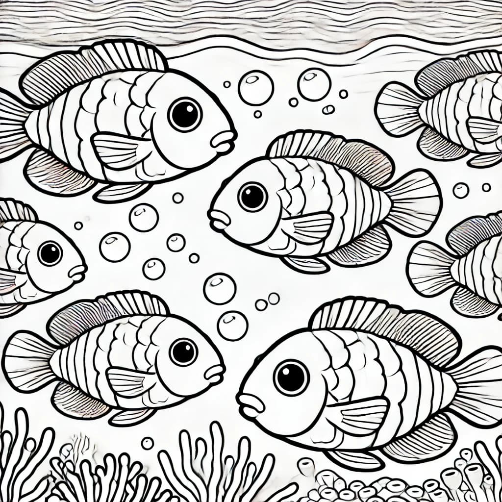 Ausmalbild - Fröhliche Papageienfische im Meer - Fische, Ozean, Meerestiere, Papageienfisch