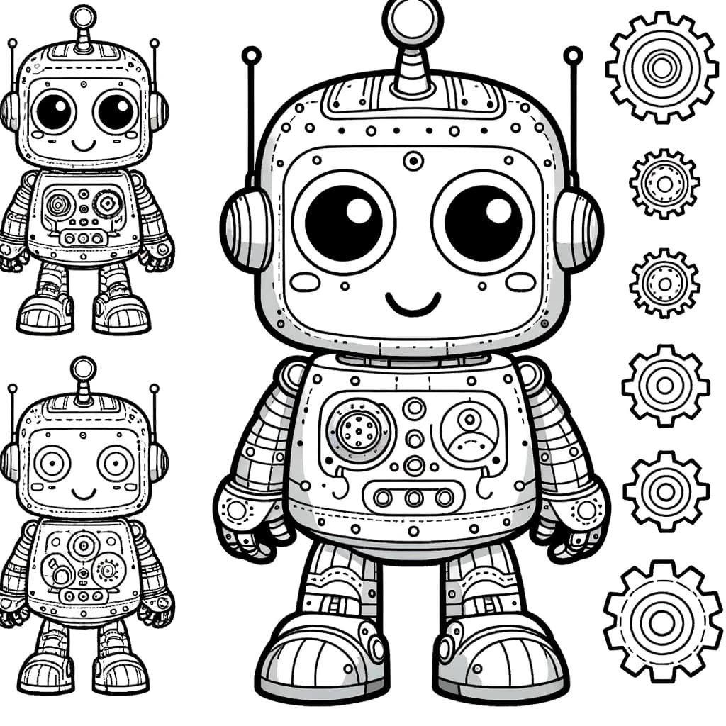 Ausmalbild - Der fröhliche Roboter - Roboter, Gears, Knöpfe, Antennen