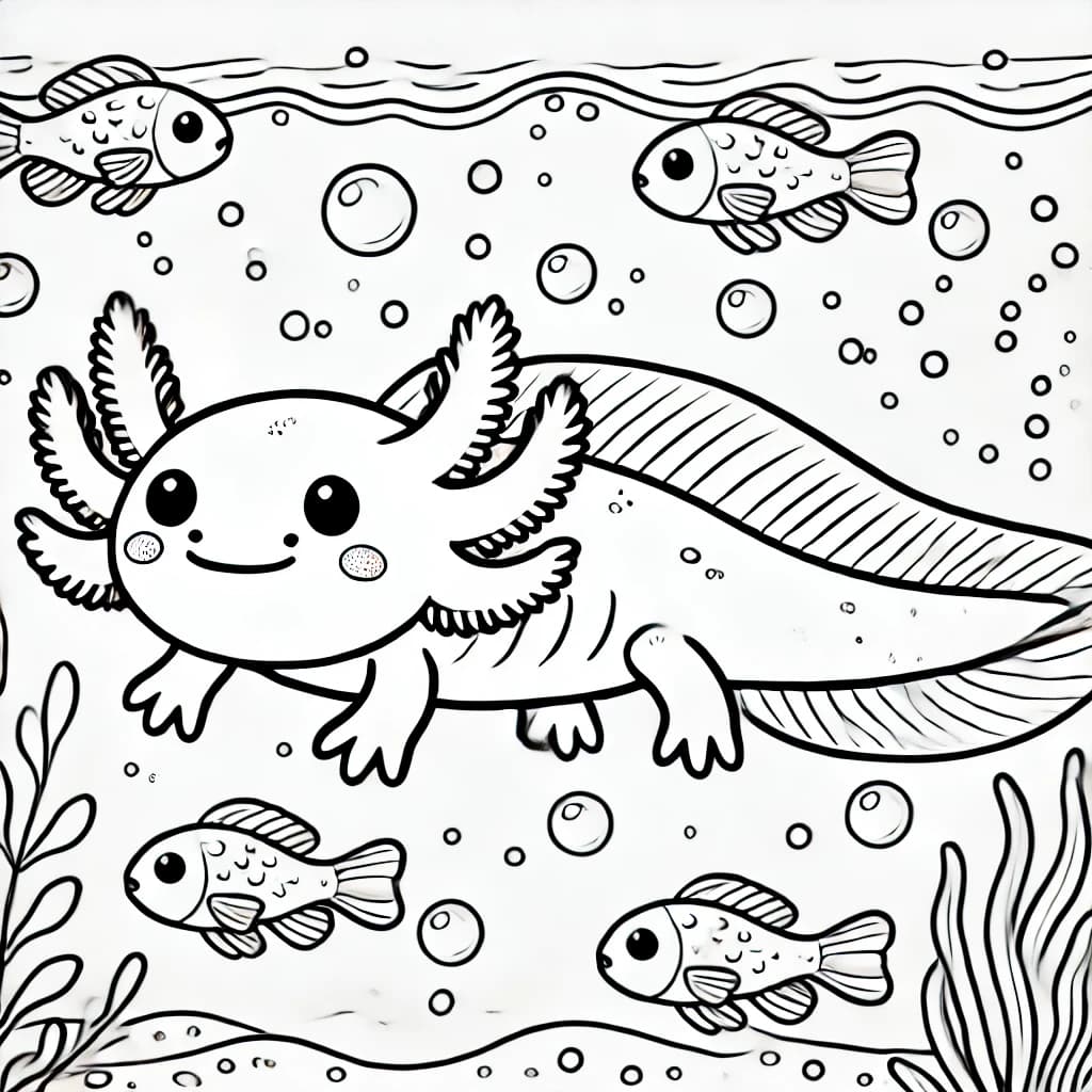 Ausmalbild - Axolotl und Fische im Wasser - Axolotl, Fisch, Wasser, Blasen