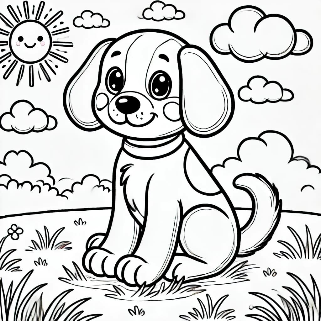 Ausmalbild - Fröhlicher Hund im Sonnenschein - Hund, Wiese, Sonne, Wolken
