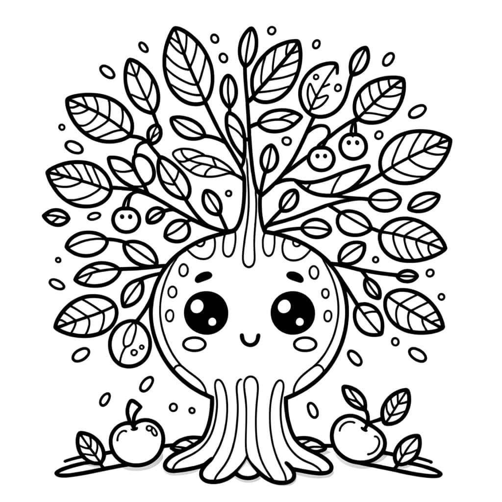 Ausmalbild - Der lebendige Baum - Baum, Gesicht, Blätter, Früchte