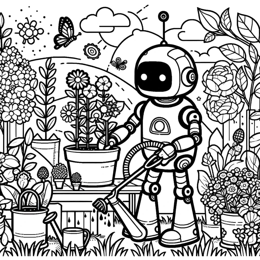 Ausmalbild - Der Gartenroboter - Gartenroboter, Blumen, Gartengeräte, Schmetterlinge