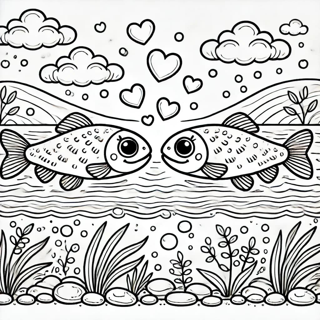 Ausmalbild - Verliebte Forellen im Fluss - Forelle, Fische, Liebe, Fluss