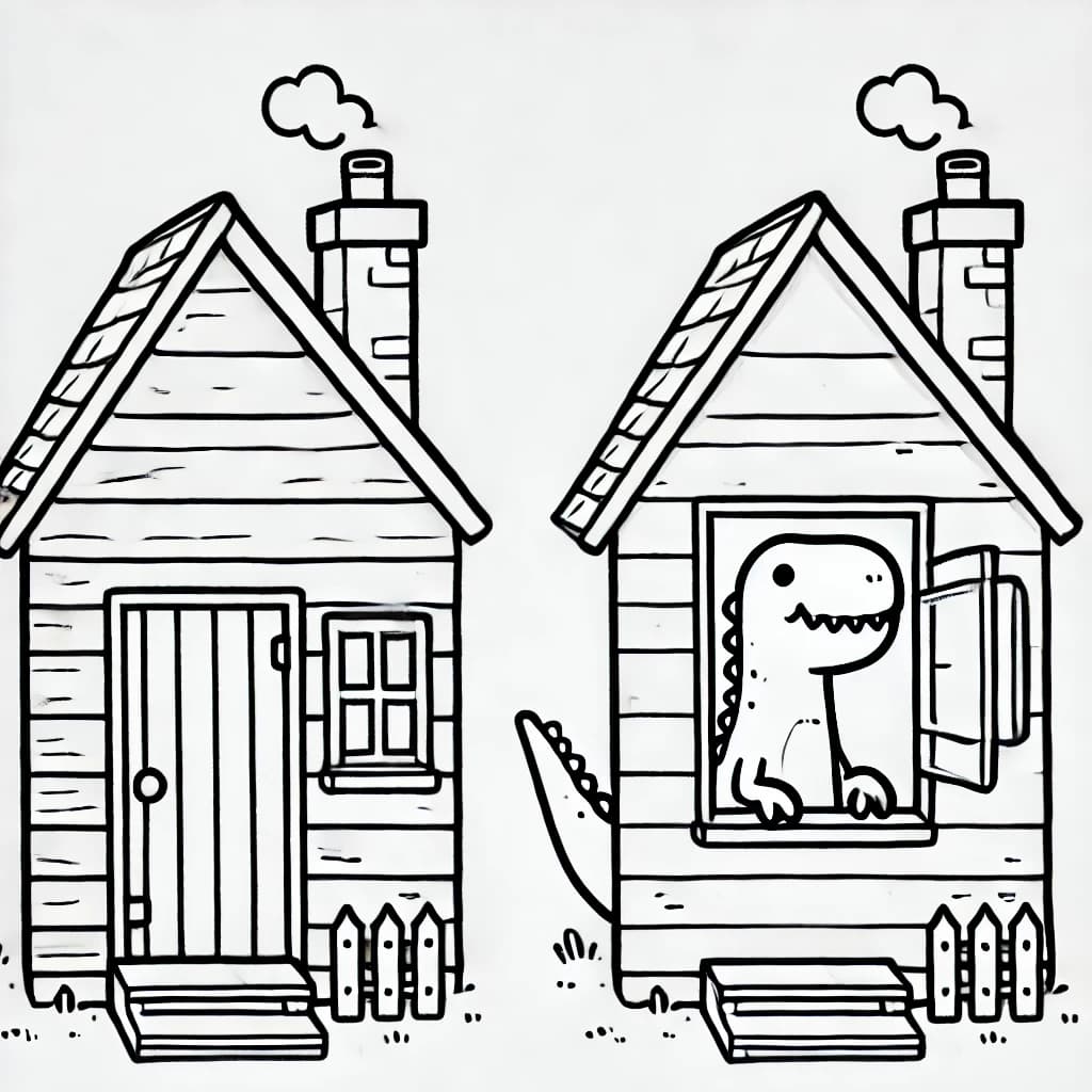 Ausmalbild - Dino im Haus - Dinosaurier, Haus, Fenster