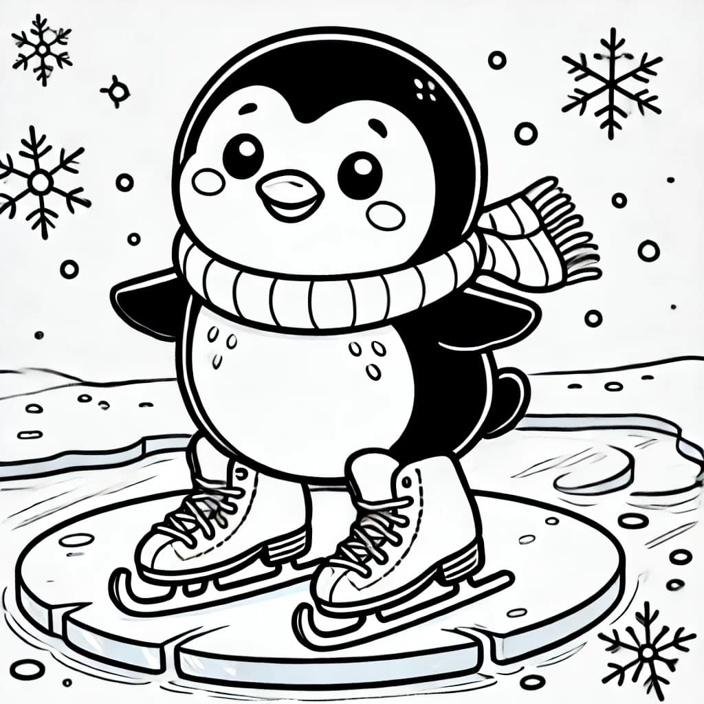 Ausmalbild - Pinguin auf Eis mit Schlittschuhen - Pinguin, Schlittschuhe, Eisfläche, Winter