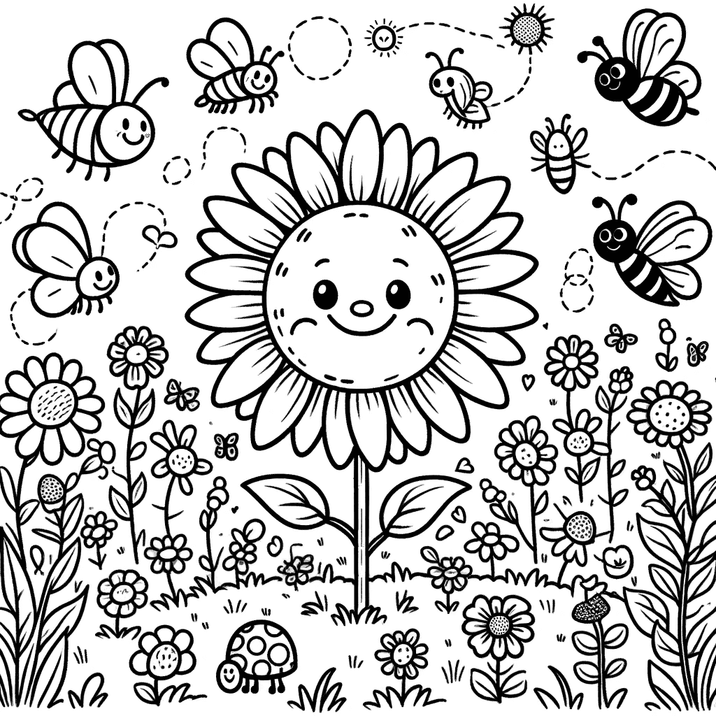 Ausmalbild - Der fröhliche Garten - Sonnenblume, Biene, Marienkäfer, Schmetterling