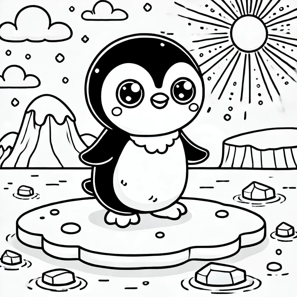 Ausmalbild - Pinguin auf dem Eis - Pinguin, Eisberg, Sonne, Meer