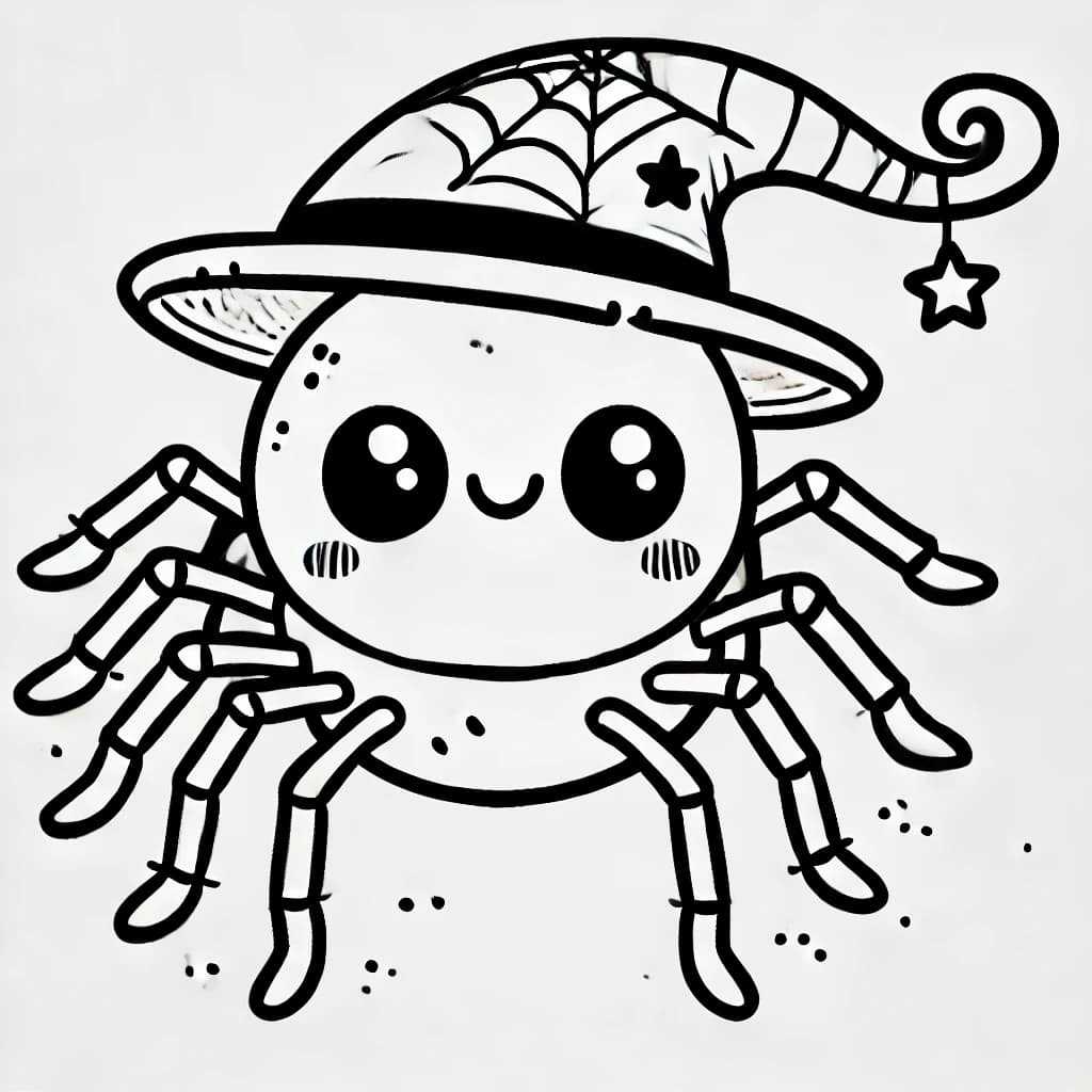 Ausmalbild - Freundliche Spinne mit Zauberhut - Spinne, Zauberhut, Magie, freundlich
