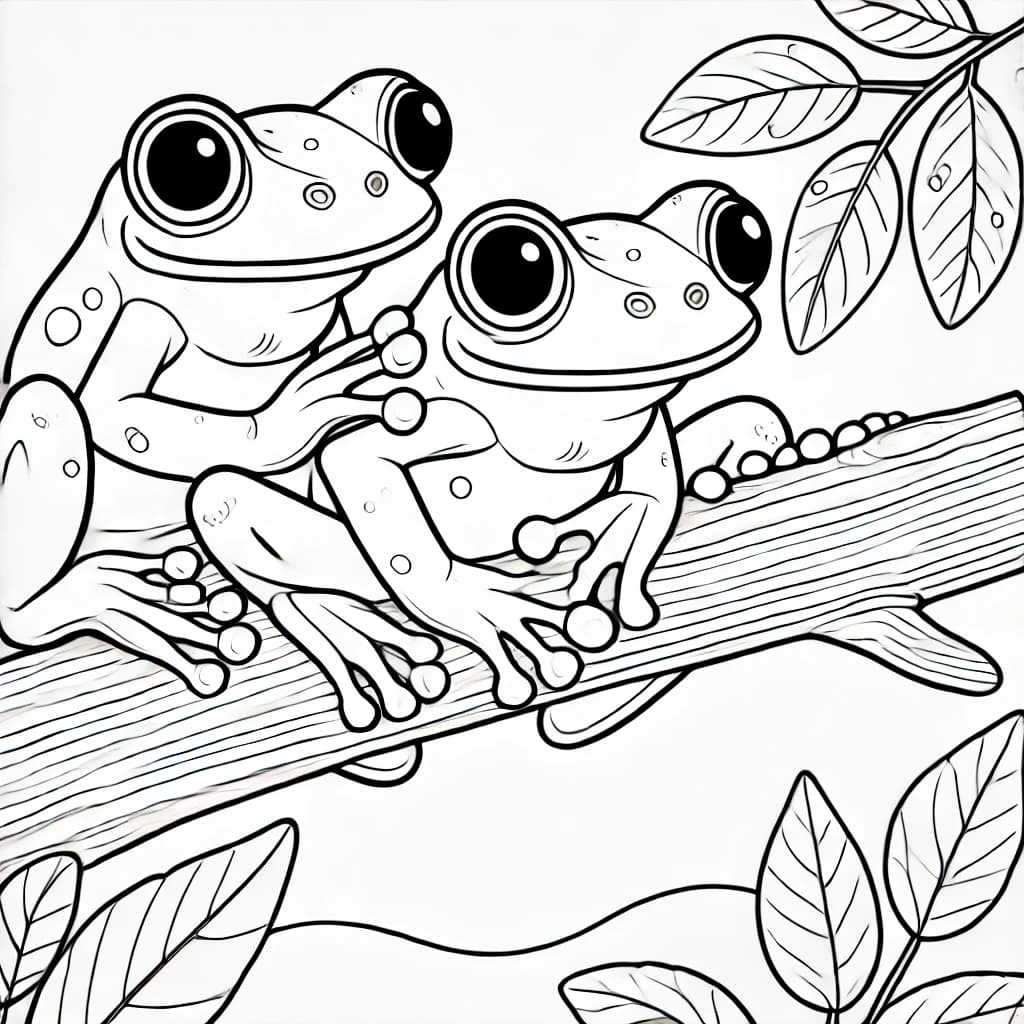 Ausmalbild - Zwei Rotaugenlaubfrösche auf einem Ast - Frosch, Amphibien, Baumfrosch, Natur