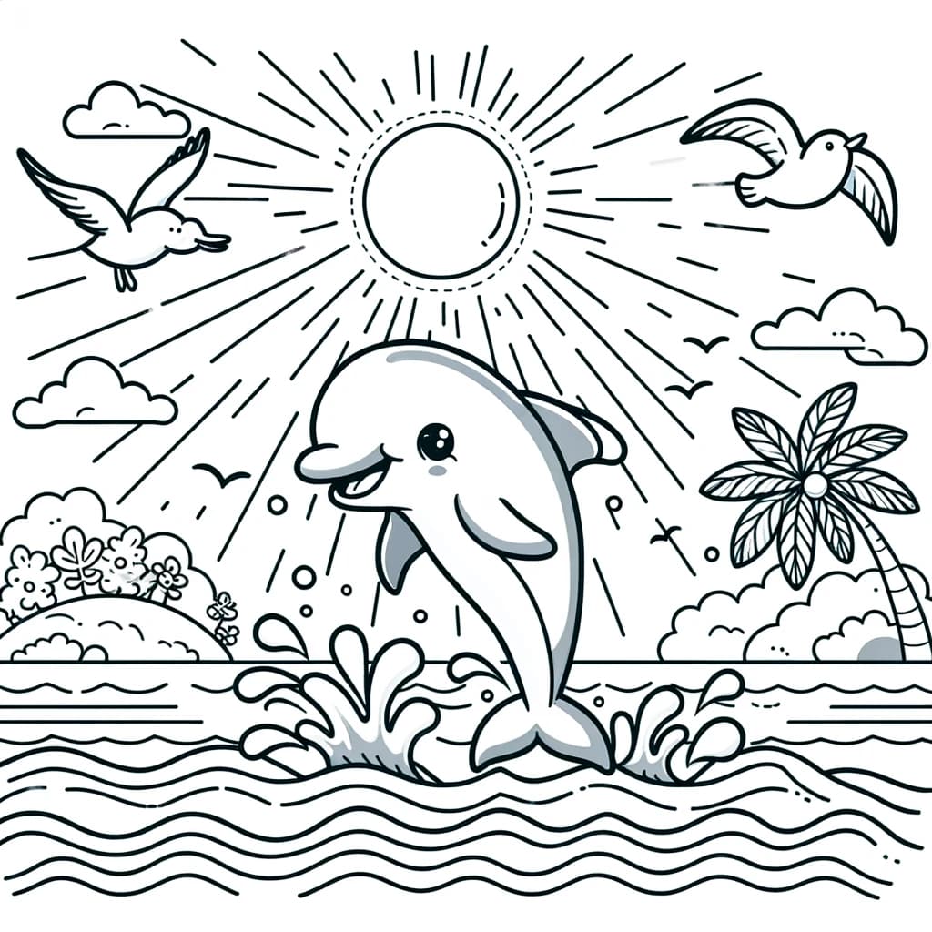 Ausmalbild - Der fröhliche Delfin und seine Freunde - Delfin, Sonne, Meereswellen, Seemöwen