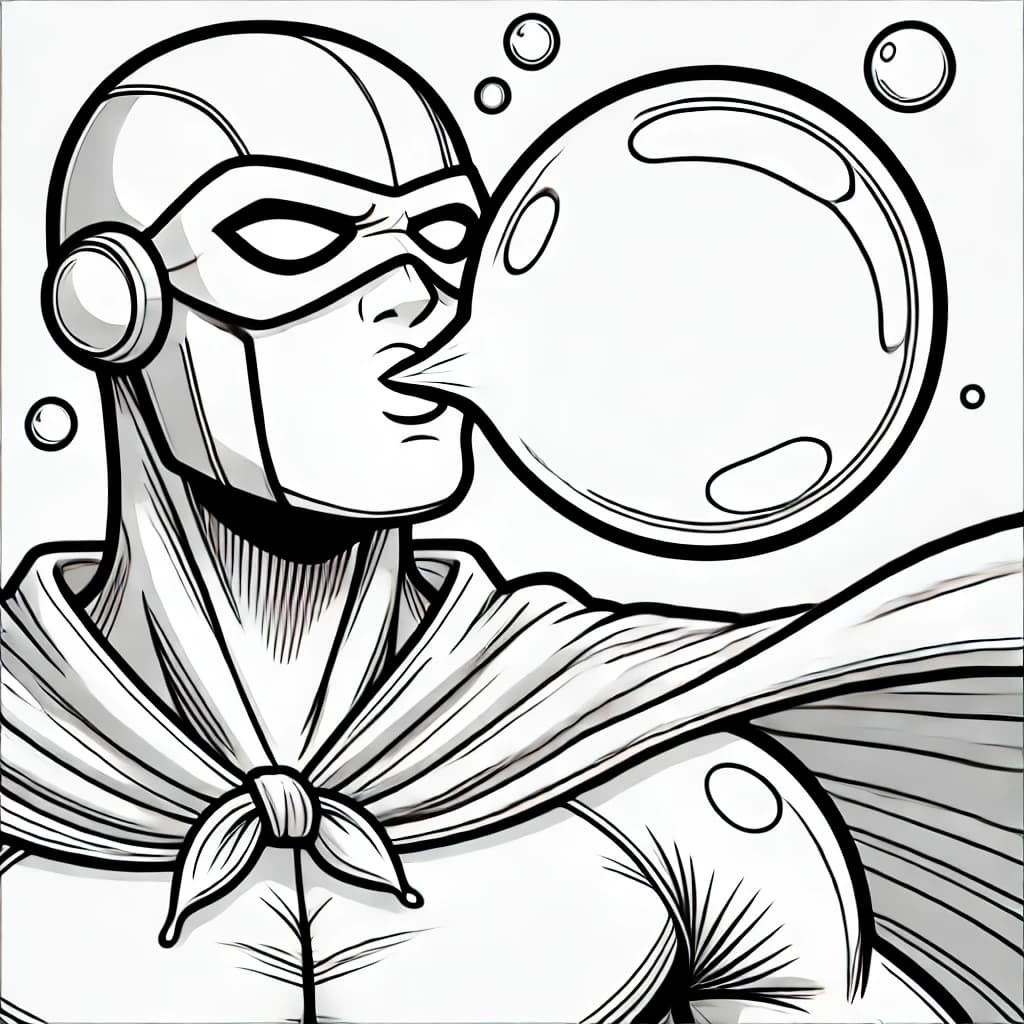 Ausmalbild - Superheld mit riesiger Kaugummiblase - Superheld, Kaugummi, Blase, Maske