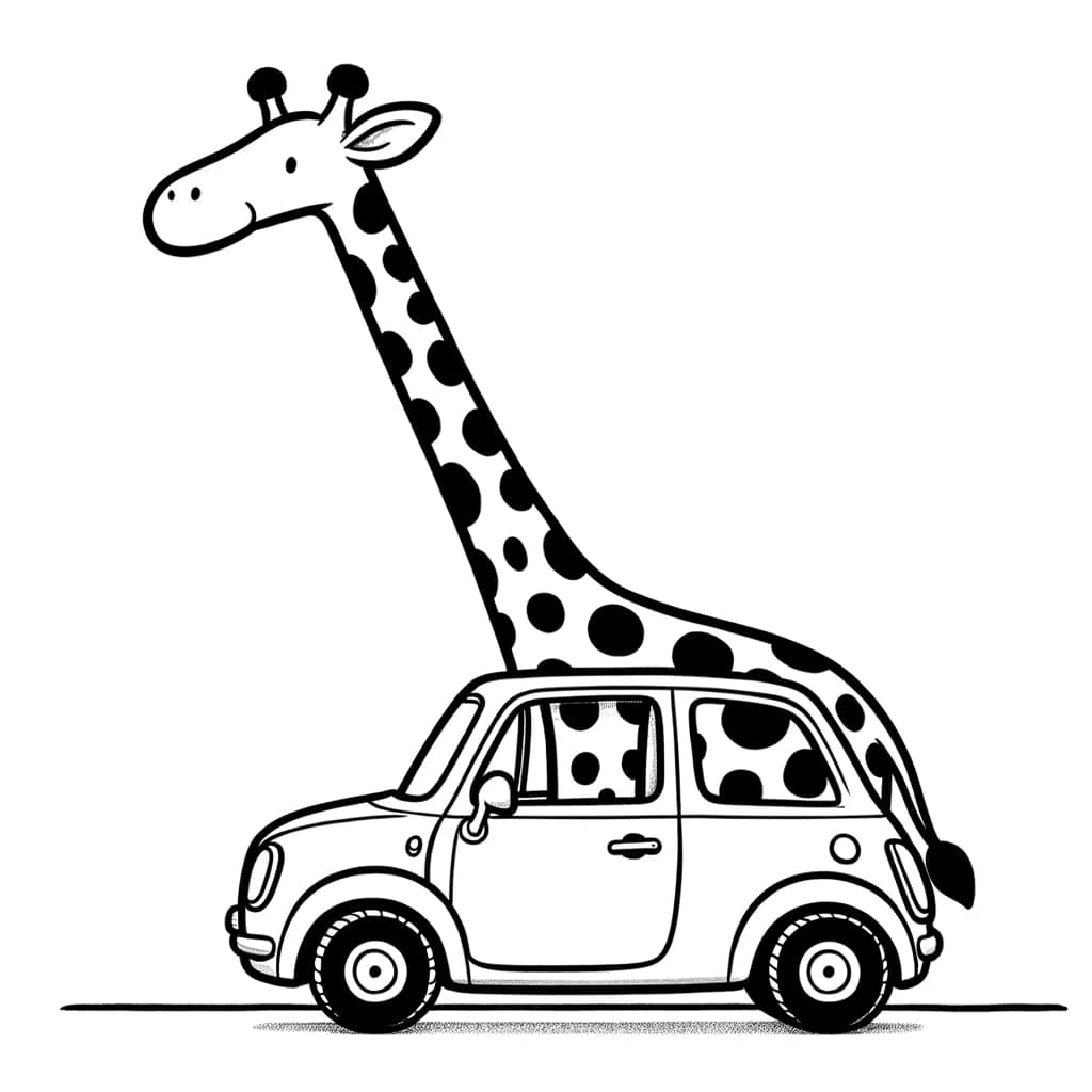 Ausmalbild - Die versteckte Giraffe hinter dem Auto - Giraffe, Auto, lustig, Verstecken