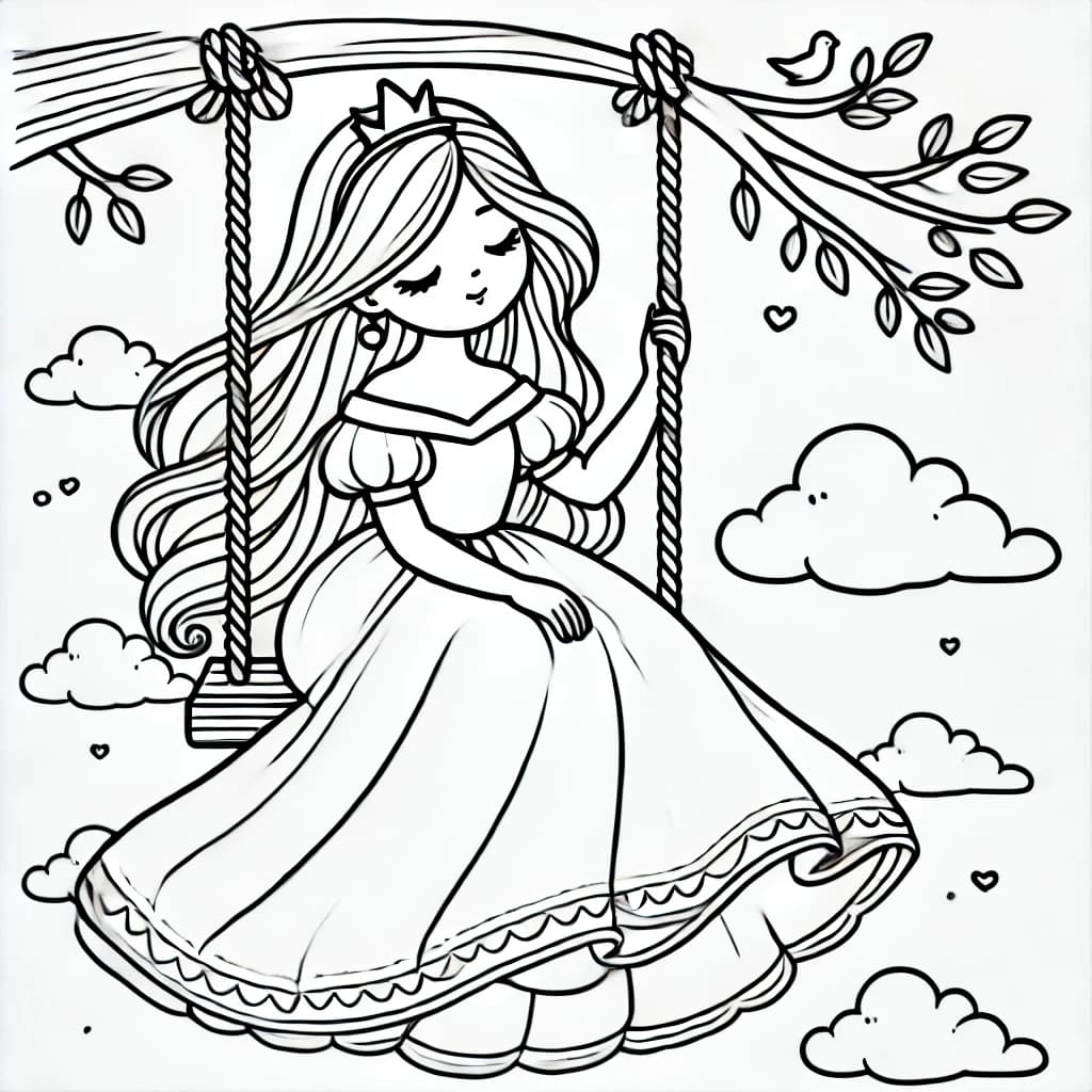 Ausmalbild - Träumende Prinzessin auf der Schaukel - Prinzessin, Schaukel, Träume, Märchen