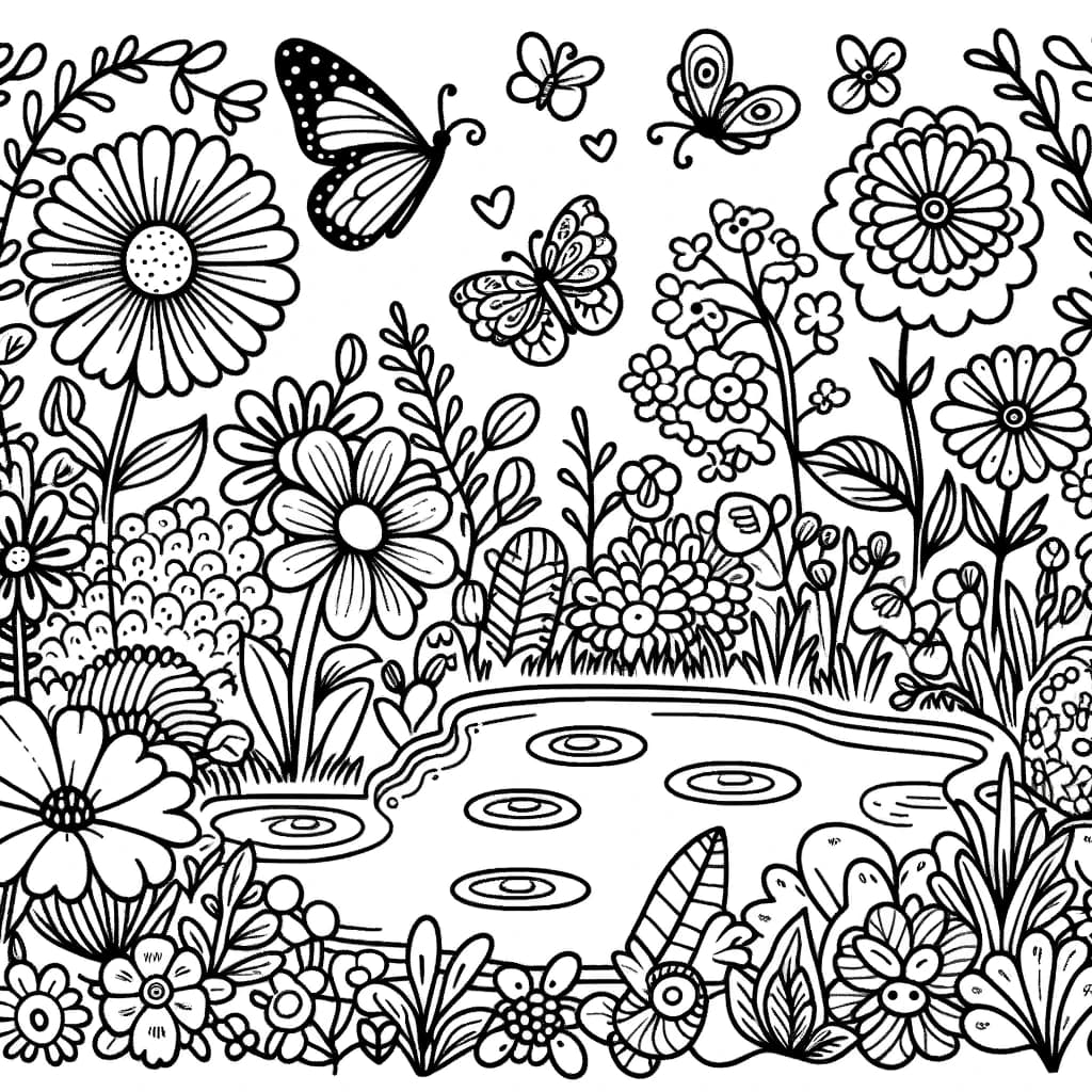 Ausmalbild - Zauberhafter Garten - Garten, Blumen, Schmetterlinge, Teich
