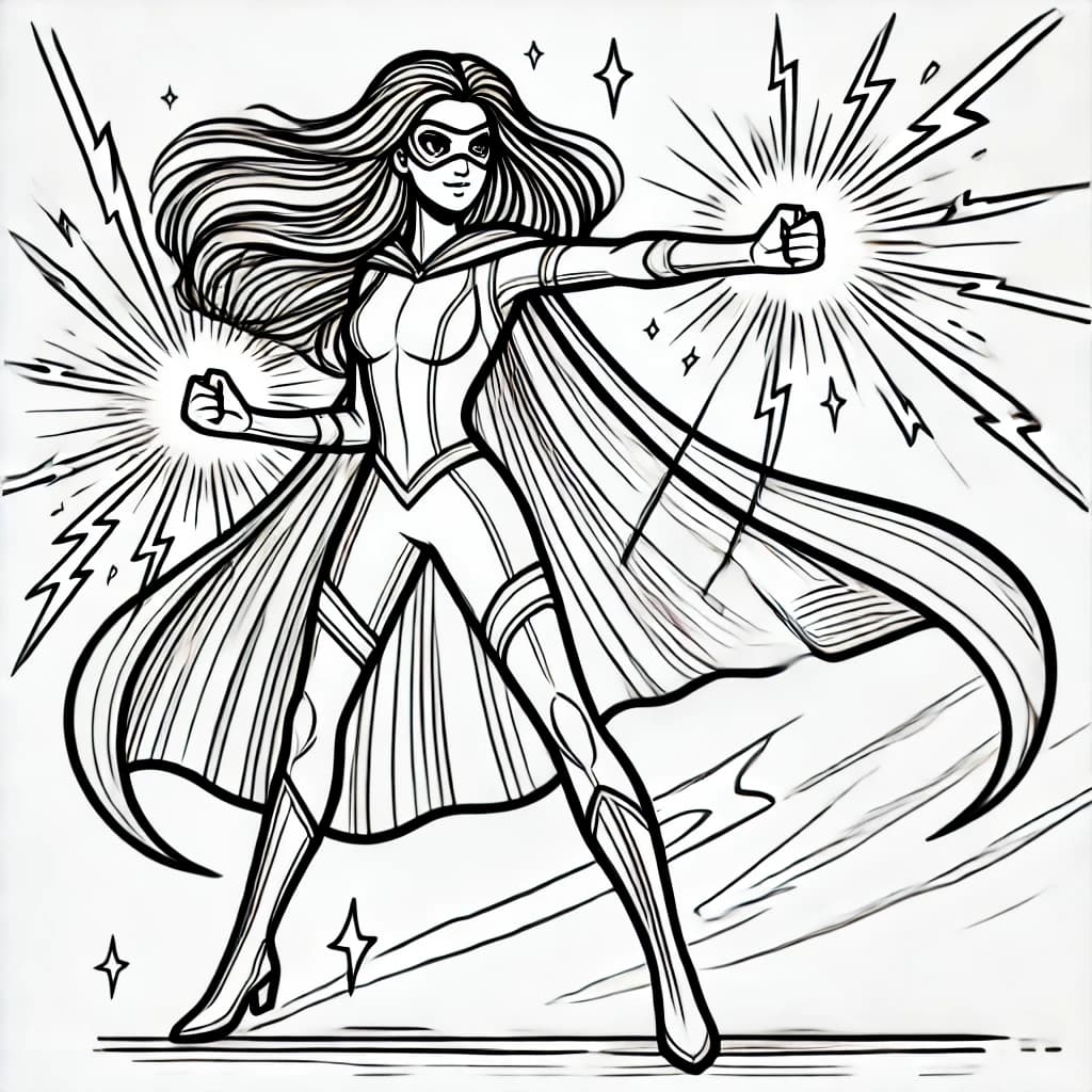 Ausmalbild - Superheldin mit Energieblitzen - Superheldin, Energieblitze, Cape, Maske