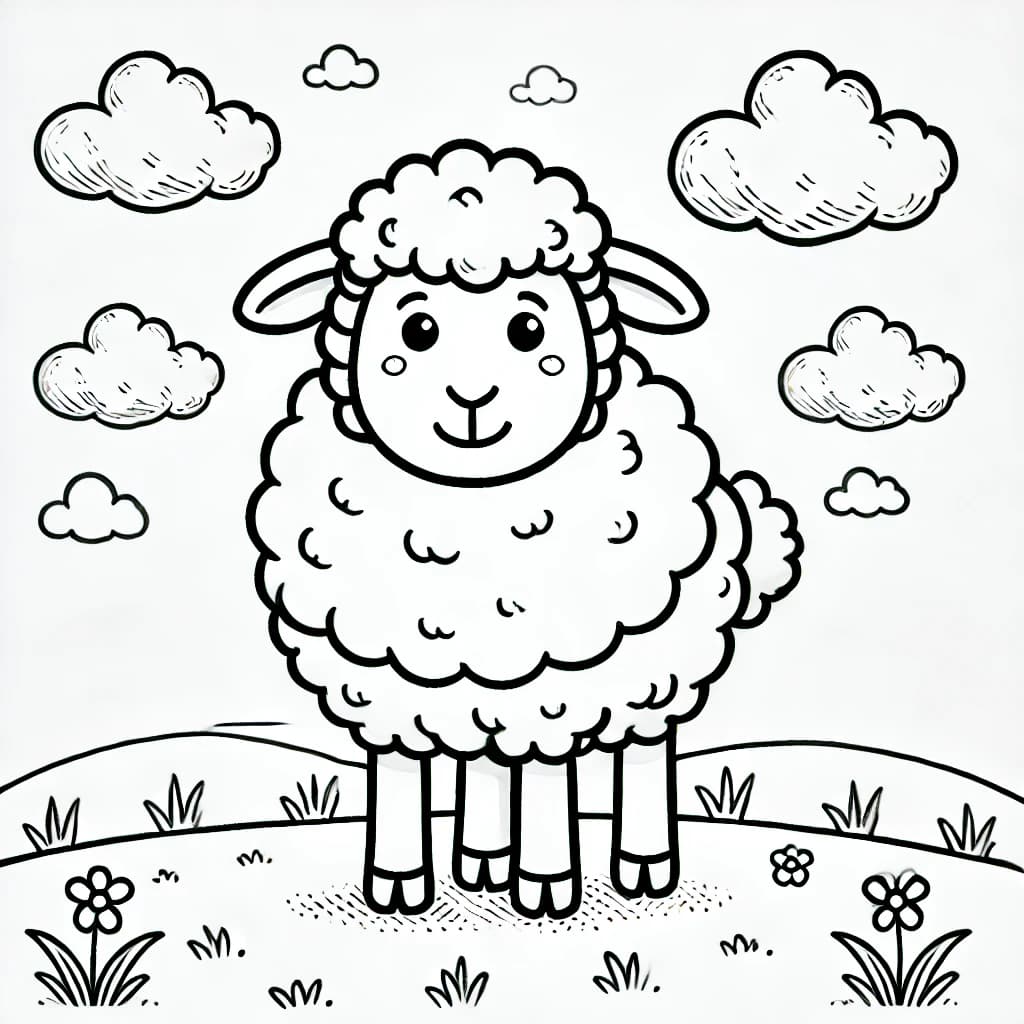 Ausmalbild - Fröhliches Schaf auf der Wiese - Schaf, Wiese, Wolken, Blumen