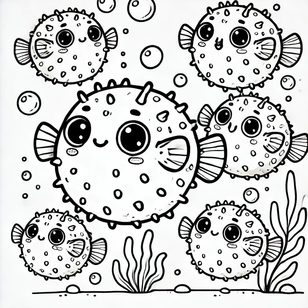 Ausmalbild - Lustige Kugelfische - Kugelfisch, Meer, Fisch, Unterwasser