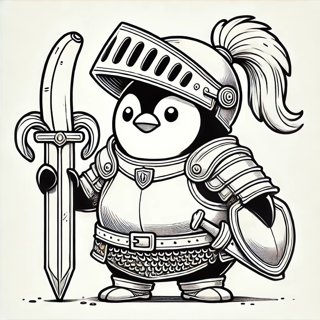 Ausmalbild - Ritter-Pinguin mit Bananenschwert - Pinguin, Ritter, Banane, Schwert