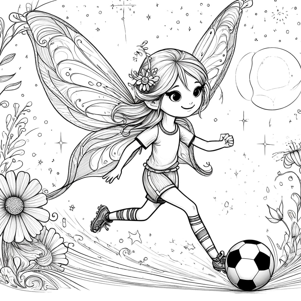 Ausmalbild - Die Fußballspielende Fee - Fee, Fußball, Sterne, Blumen