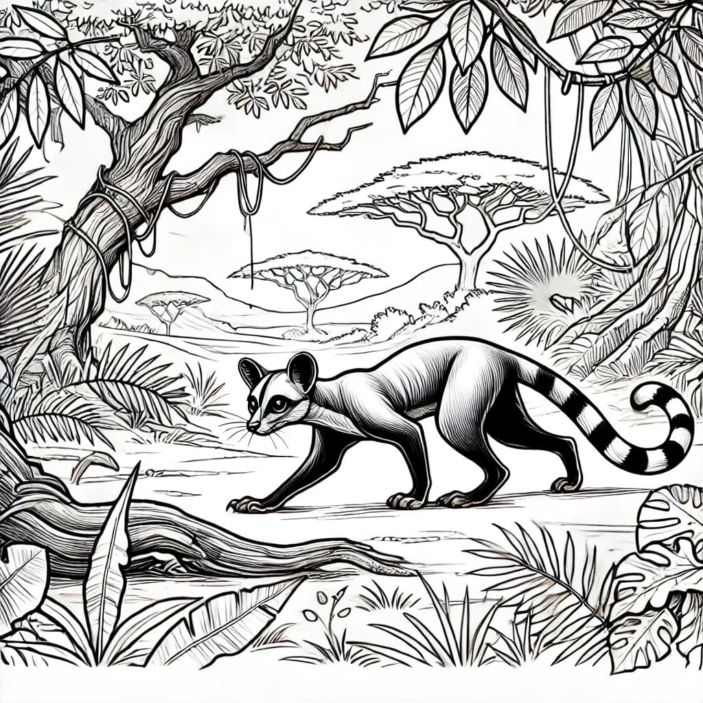 Ausmalbild - Fossa schleicht durch den Dschungel - Fossa, Dschungel, Madagaskar, Raubtier