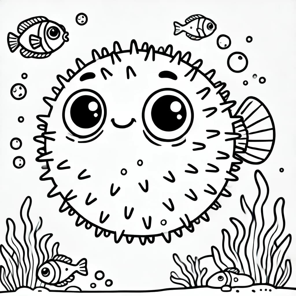 Ausmalbild - Fröhlicher Kugelfisch im Meer - Kugelfisch, Fisch, Meer, Ozean