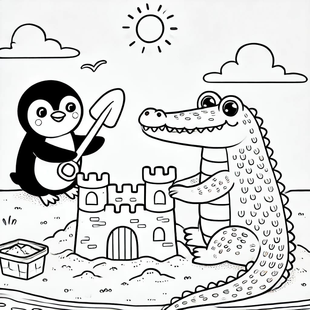 Ausmalbild - Pinguin und Krokodil bauen eine Sandburg - Pinguin, Krokodil, Sandburg, Strand