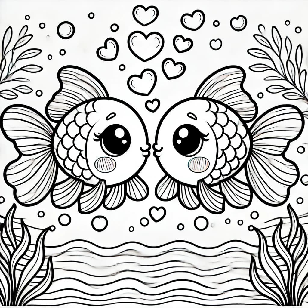 Ausmalbild - Verliebte Goldfische - Goldfisch, Liebe, Wasser, Herzen