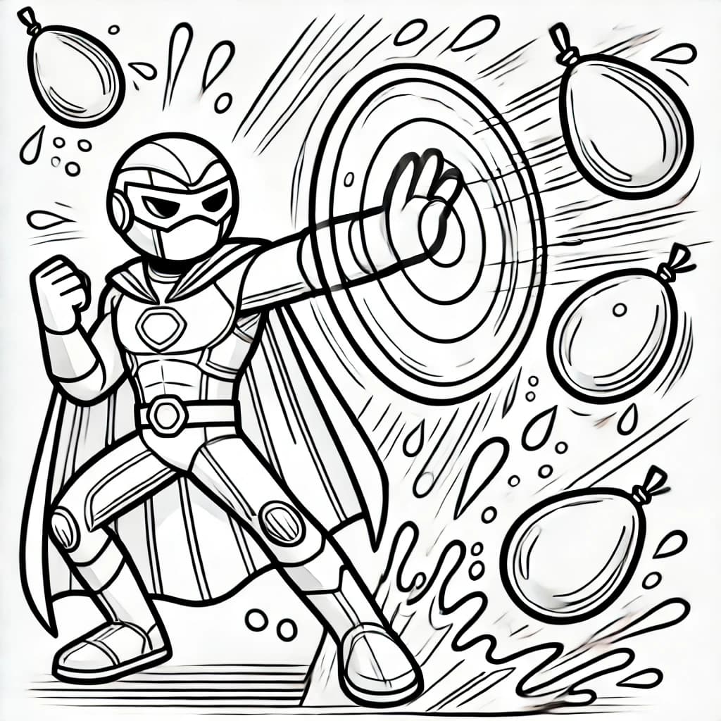 Ausmalbild - Superheld mit Energieschild gegen Wasserballons - Superheld, Schutzschild, Wasserballon, Action