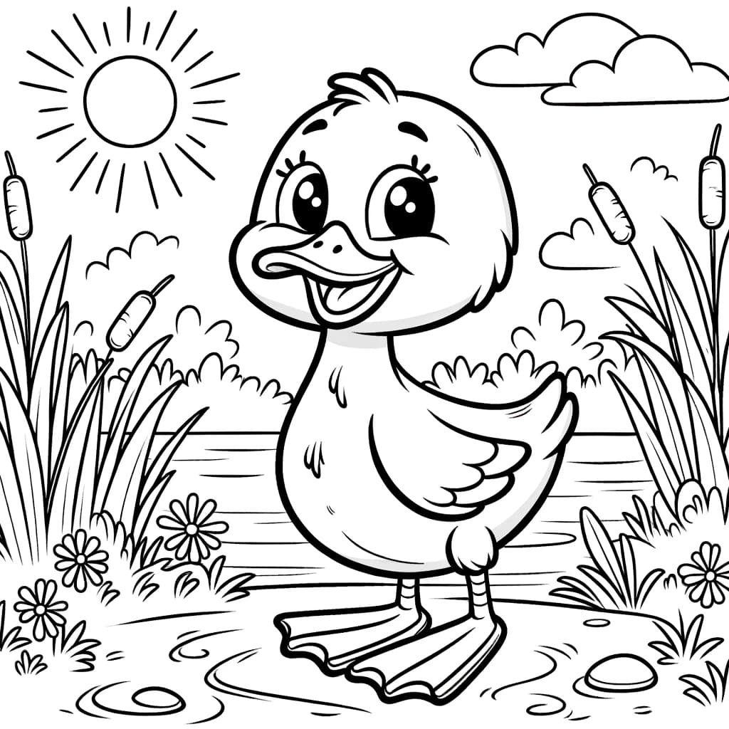 Ausmalbild - Fröhliche Ente am Teich - Ente, Teich, Schilf, Sonniger Himmel