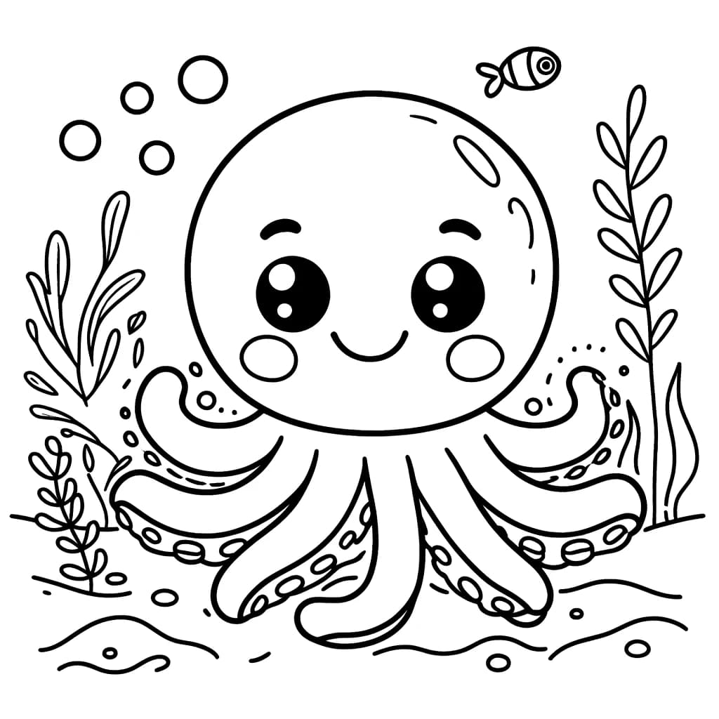 Ausmalbild - Freundliche Krake unter Wasser - Krake, Ozean, Meer, Fische