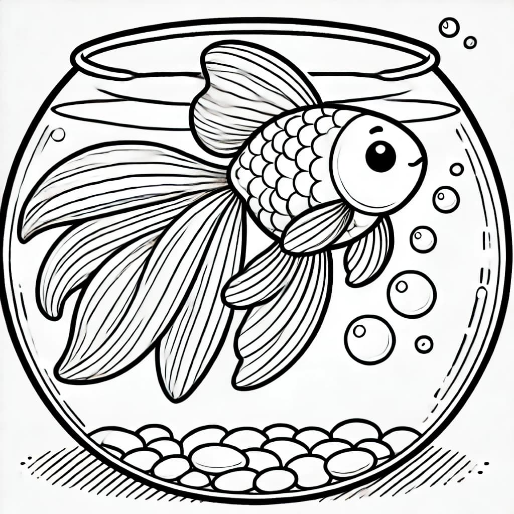 Ausmalbild - Fröhlicher Goldfisch im Glas - Goldfisch, Fischglas, Blasen, Wasser