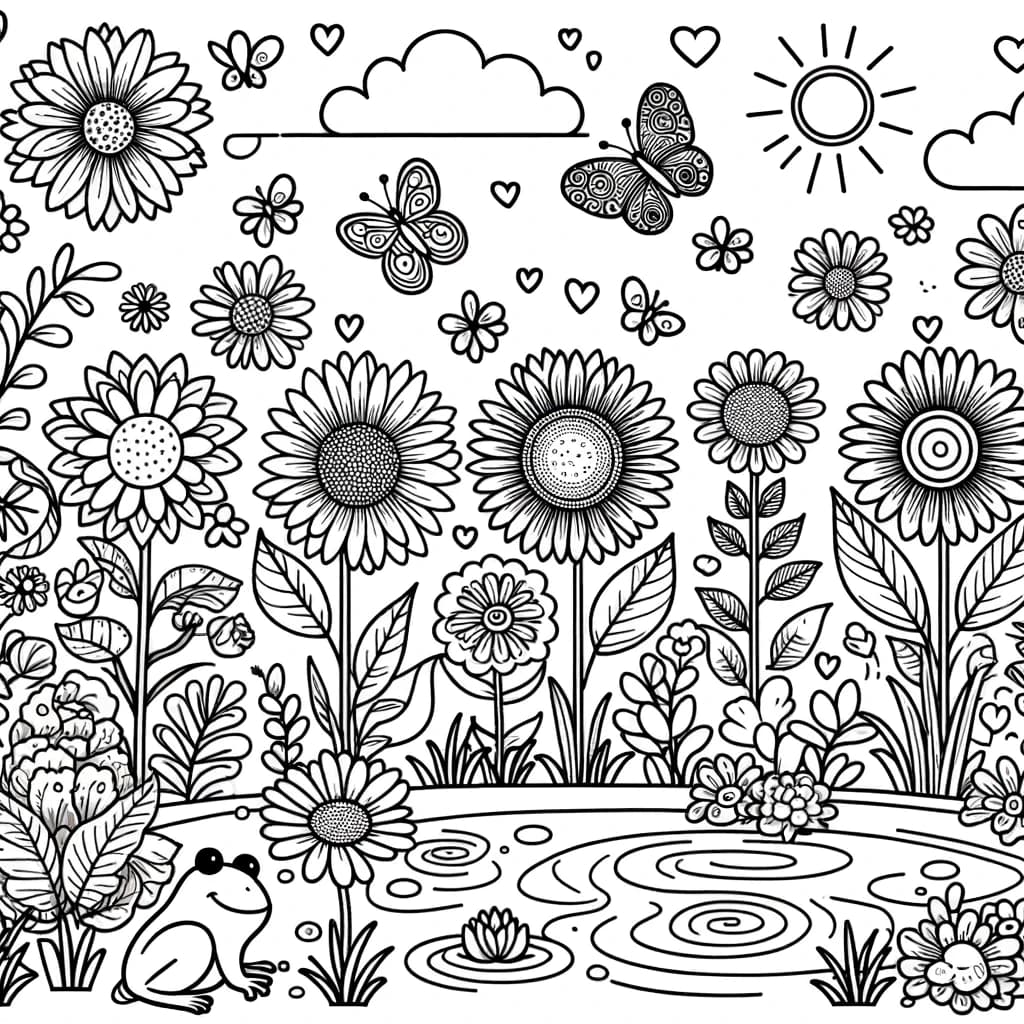 Ausmalbild - Verzauberter Garten - Garten, Blumen, Schmetterlinge, Teich