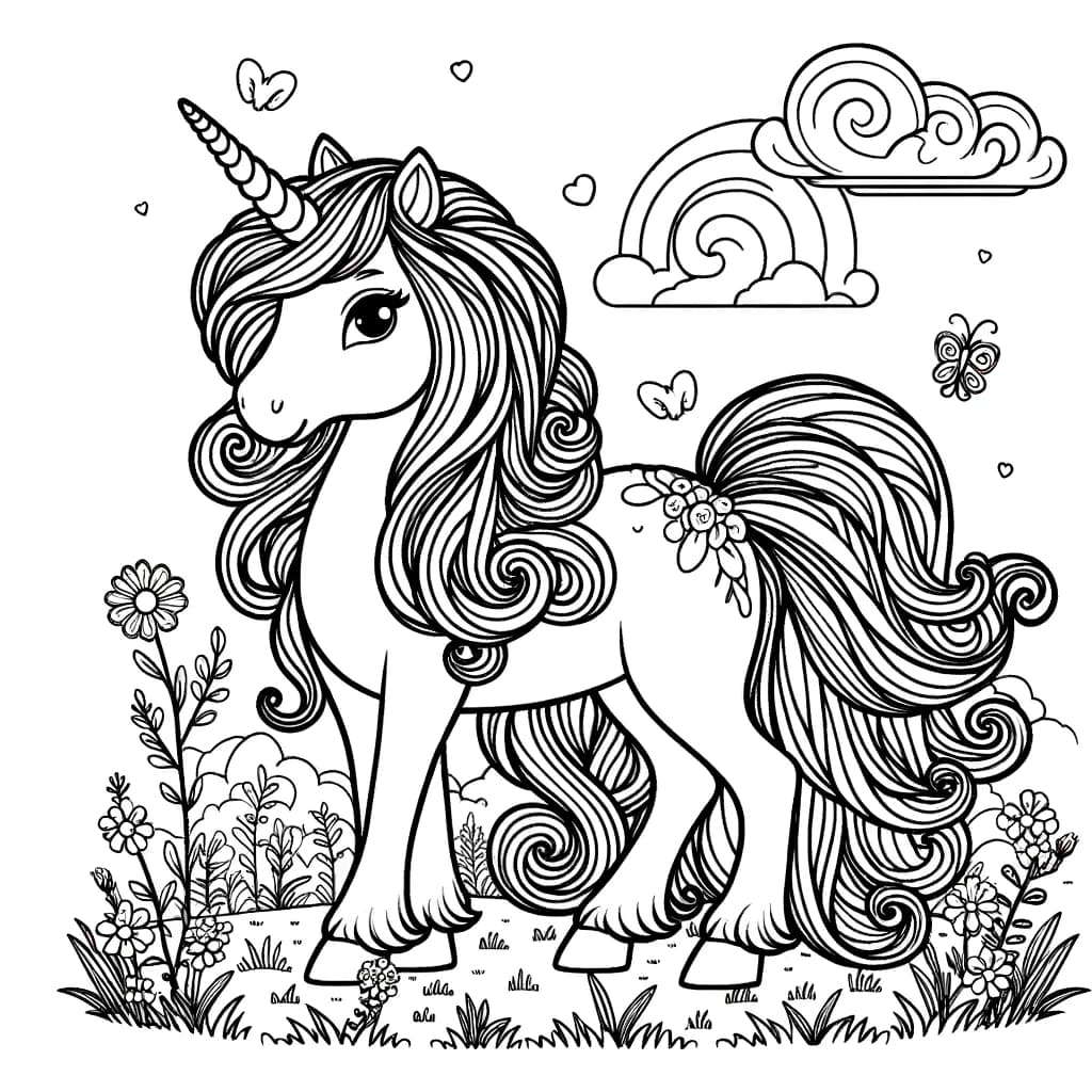 Ausmalbild - Das Einhorn im Zauberwald - Einhorn, Zauberwald, Blumen, Wolken
