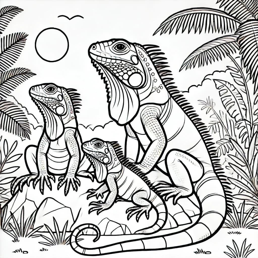 Ausmalbild - Familie Leguan im Dschungel - Leguan, Familie, Dschungel, Tiere