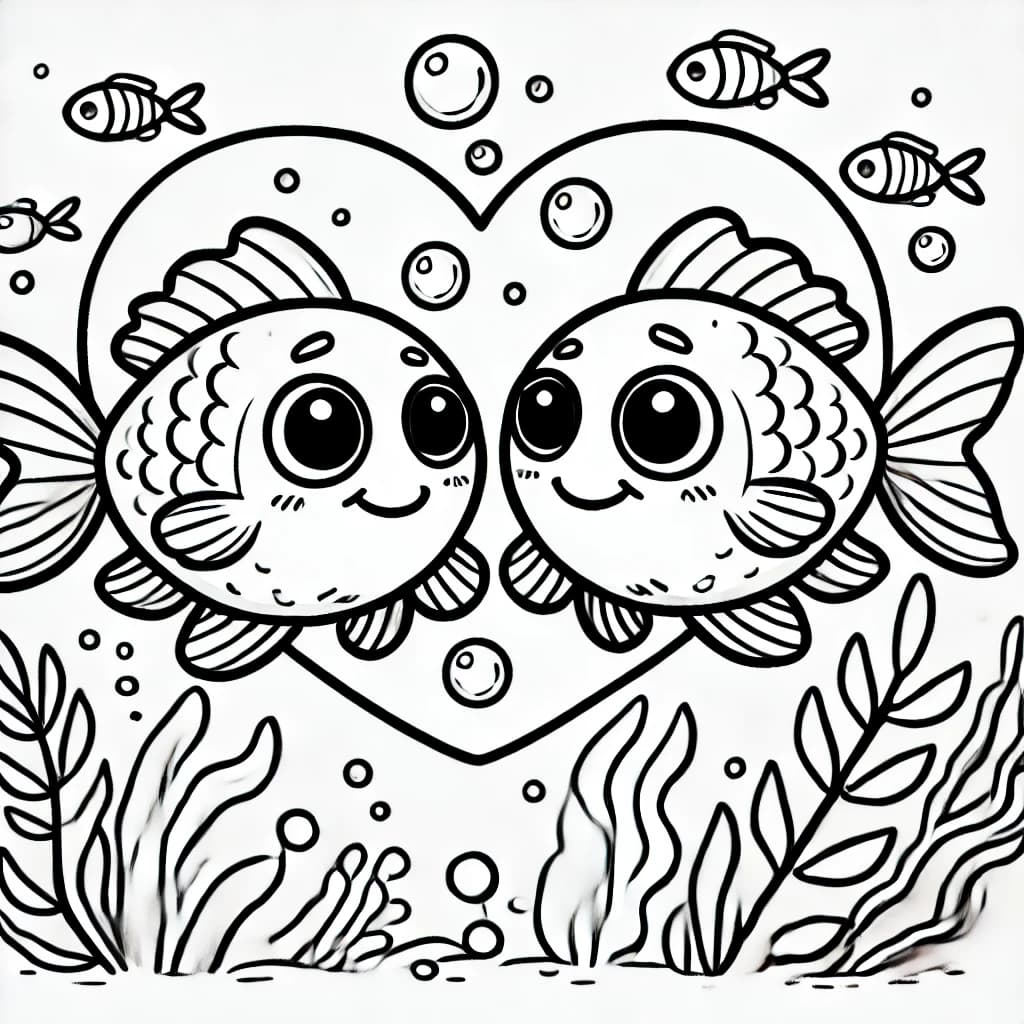 Ausmalbild - Verliebte Kabeljau - Kabeljau, Fische, Liebe, Meer
