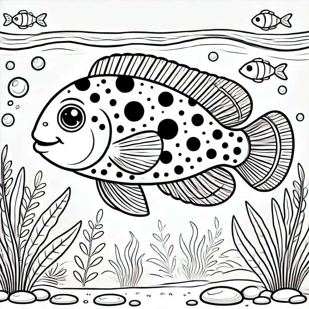 Ausmalbild - Tüpfelbuntbarsch im Teich - Fisch, Tüpfelbuntbarsch, Teich, Unterwasser