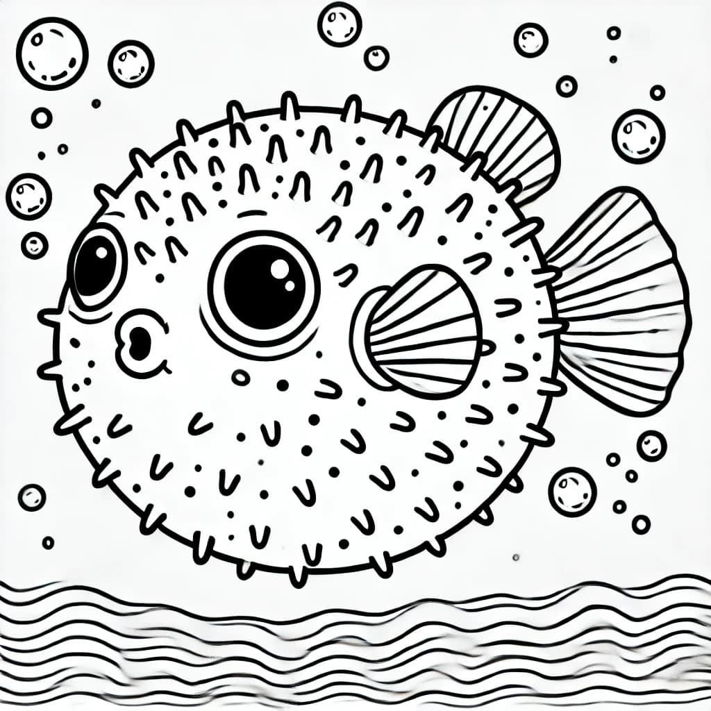 Ausmalbild - Der aufgeplusterte Kugelfisch - Kugelfisch, Aufblasen, Unterwasser, Ozean