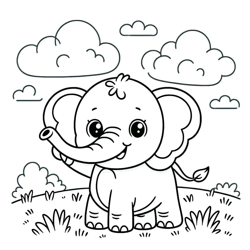 Ausmalbild - Der fröhliche Elefant - Elefant, Grasfeld, Wolken, Tier