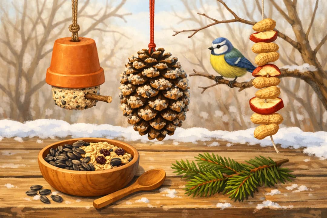 Drei selbst gemachte Futterstellen für Vögel hängen an einem verschneiten Wintertag über einem Holztisch: ein kopfüber hängender kleiner Tontopf, gefüllt mit heller Körner-Fett-Masse und mit einem Stöckchen als Sitzstange, ein dick mit Körnern bestrichener Kiefernzapfen an einer roten Schnur und eine Girlande aus getrockneten Apfelscheiben und ungeschälten Erdnüssen. Eine Blaumeise sitzt auf einem kahlen Zweig daneben. Auf dem Tisch stehen eine Holzschale mit Sonnenblumenkernen, Haferflocken und Rosinen sowie ein Holzlöffel, daneben liegt ein Tannenzweig.