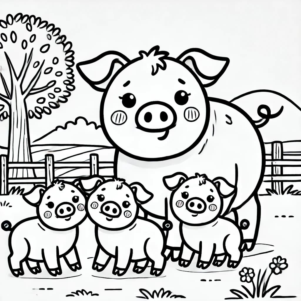 Ausmalbild - Familie Schwein auf dem Bauernhof - Schweine, Bauernhof, Tierfamilie