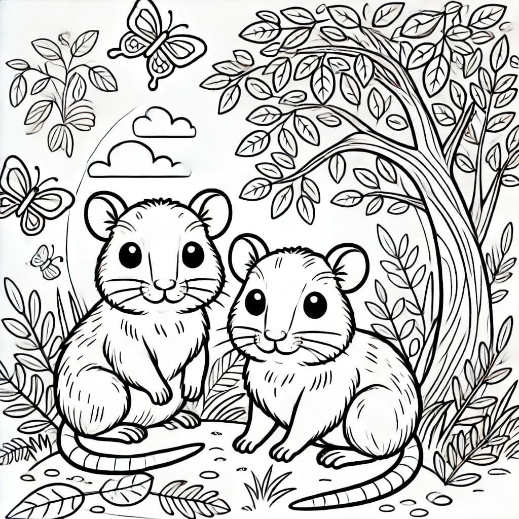 Ausmalbild - Zwei Agutis im Dschungel - Aguti, Dschungel, Tiere, Blätter