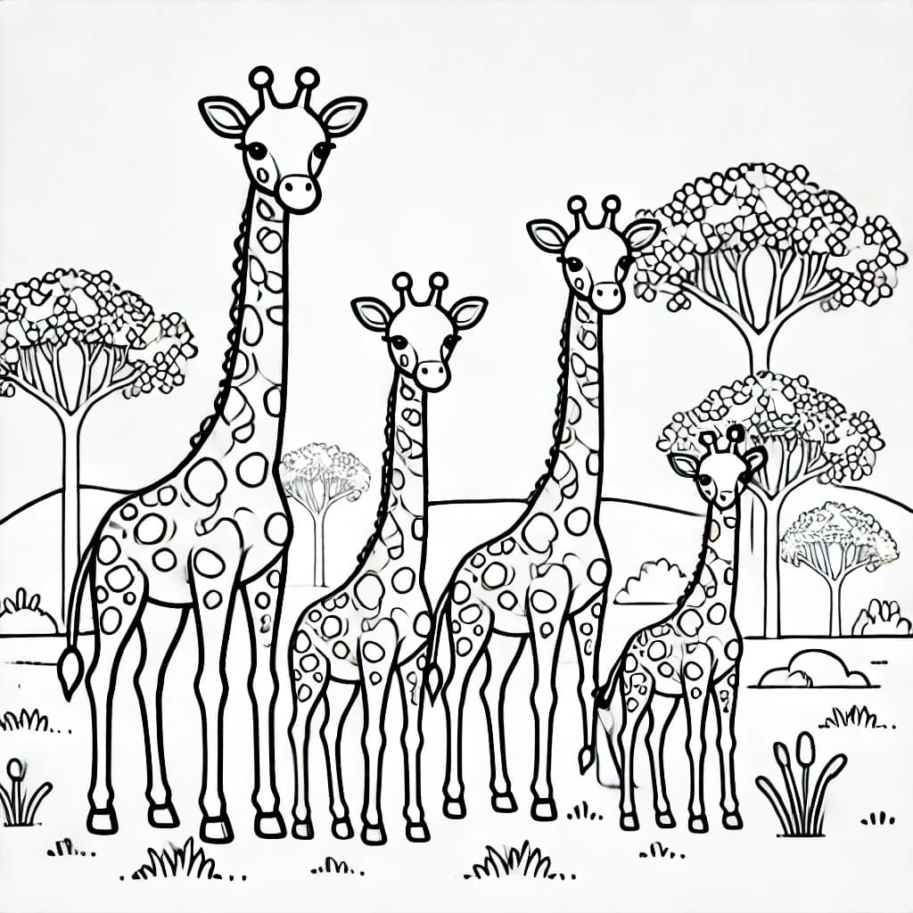 Ausmalbild - Giraffen in der Savanne - Giraffe, Savanne, Tiere, Natur