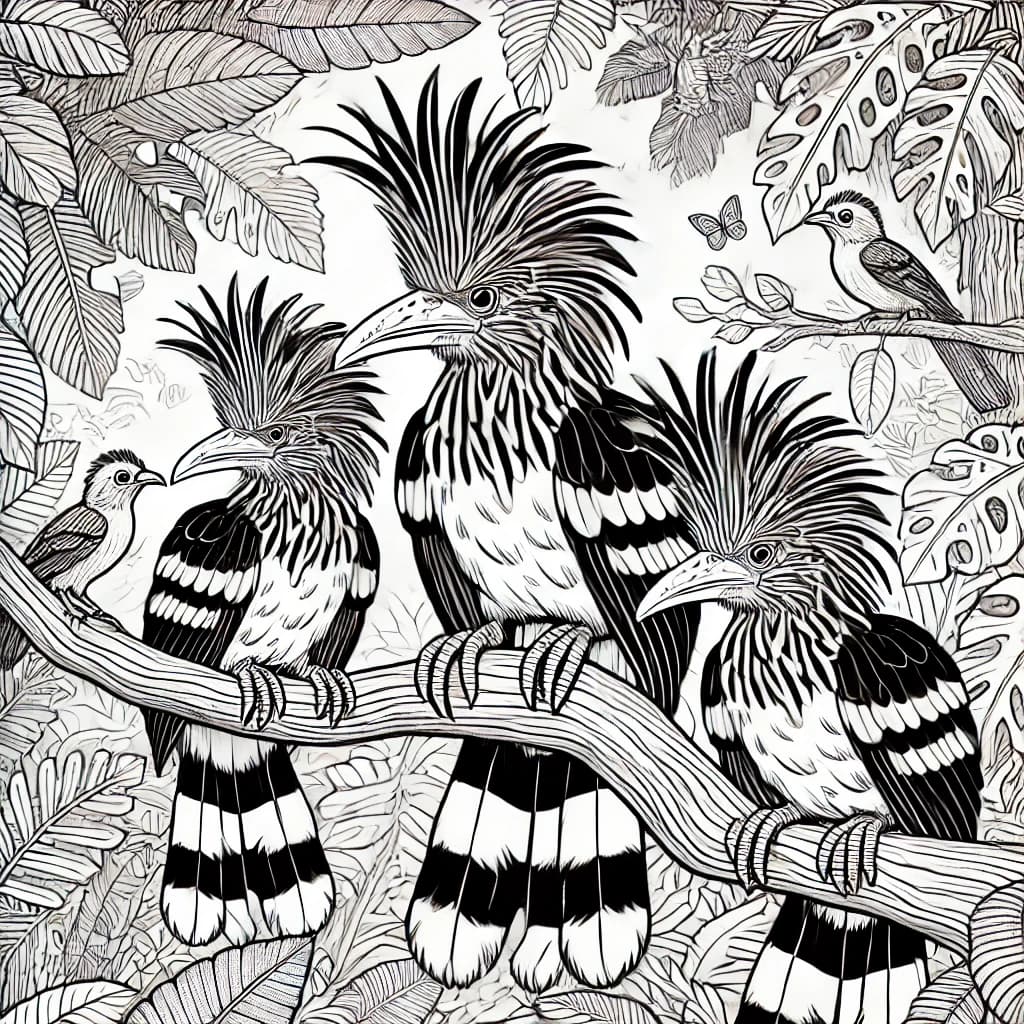 Ausmalbild - Hoatzin-Vögel im Dschungel - Hoatzin, Vögel, Dschungel, Äste