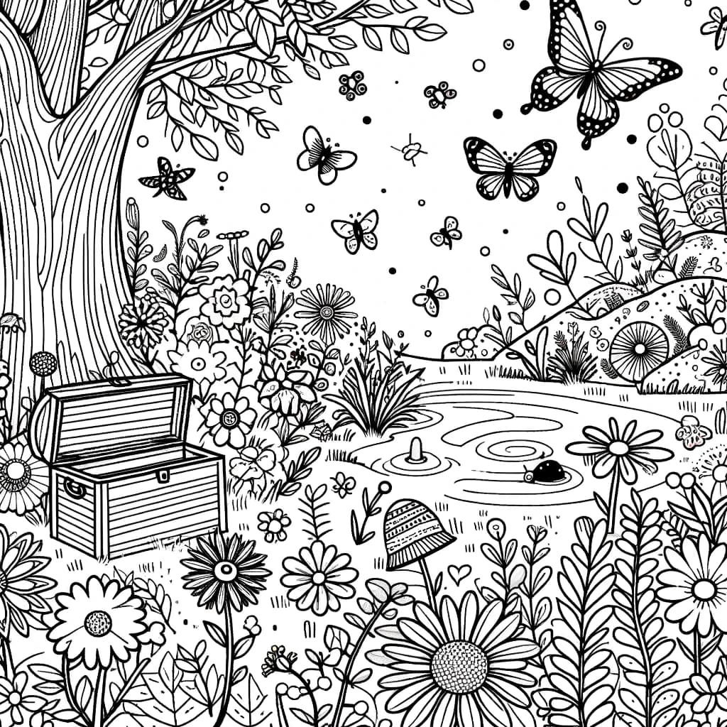 Ausmalbild - Geheimnisvoller Garten - Garten, Blumen, Schmetterlinge, Teich