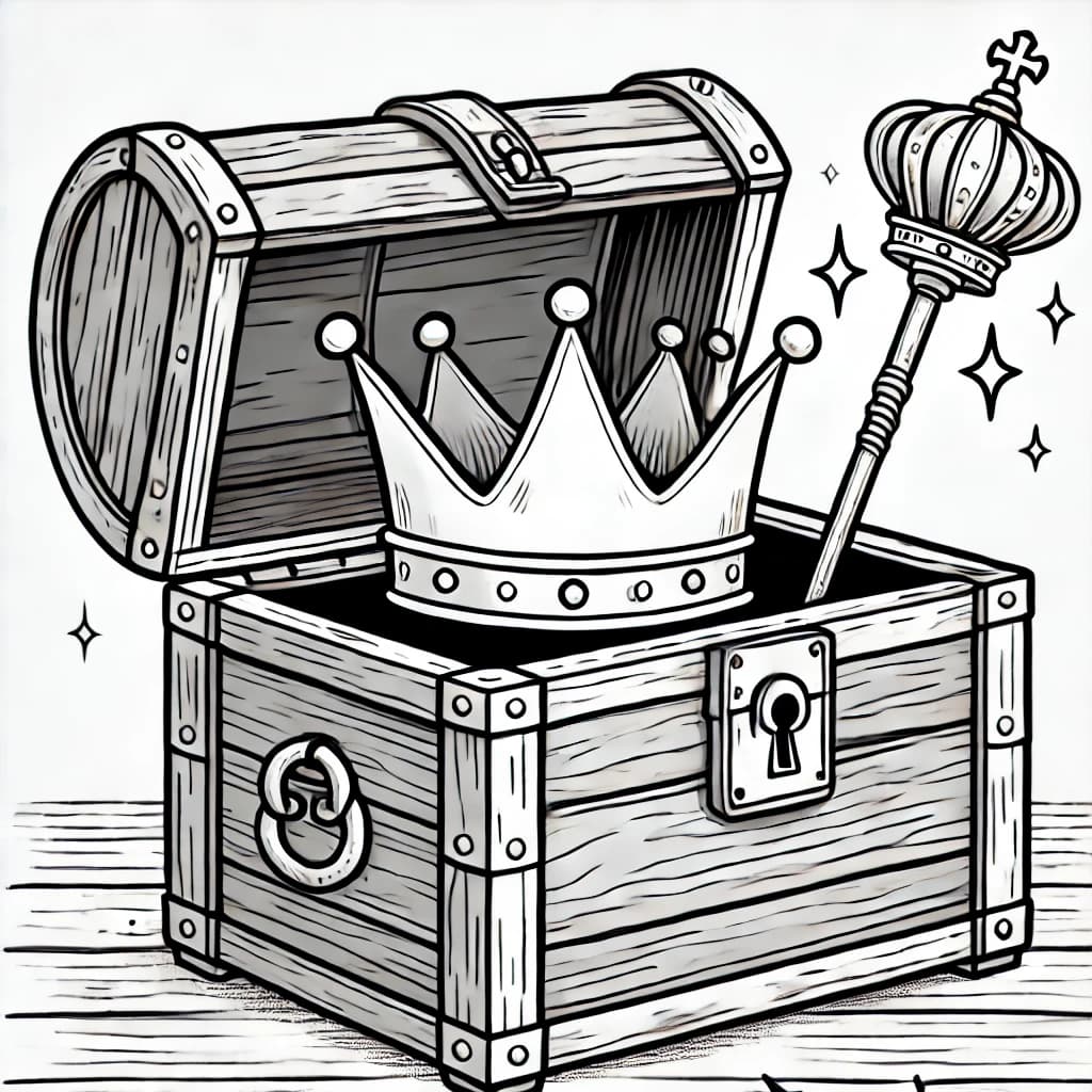Ausmalbild - Die geheime Schatztruhe - Schatztruhe, Krone, Zepter, Piratenschatz